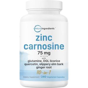 Zinc Carnosine 75mg, 240 Veggie Capsules | 10-in-1 Zinc Supplements for Men & Women with Glutamine, DGL Licorice, Quercetin, Slippery Elm Bark, & Ginger Root | Non-GMO, Gluten Free