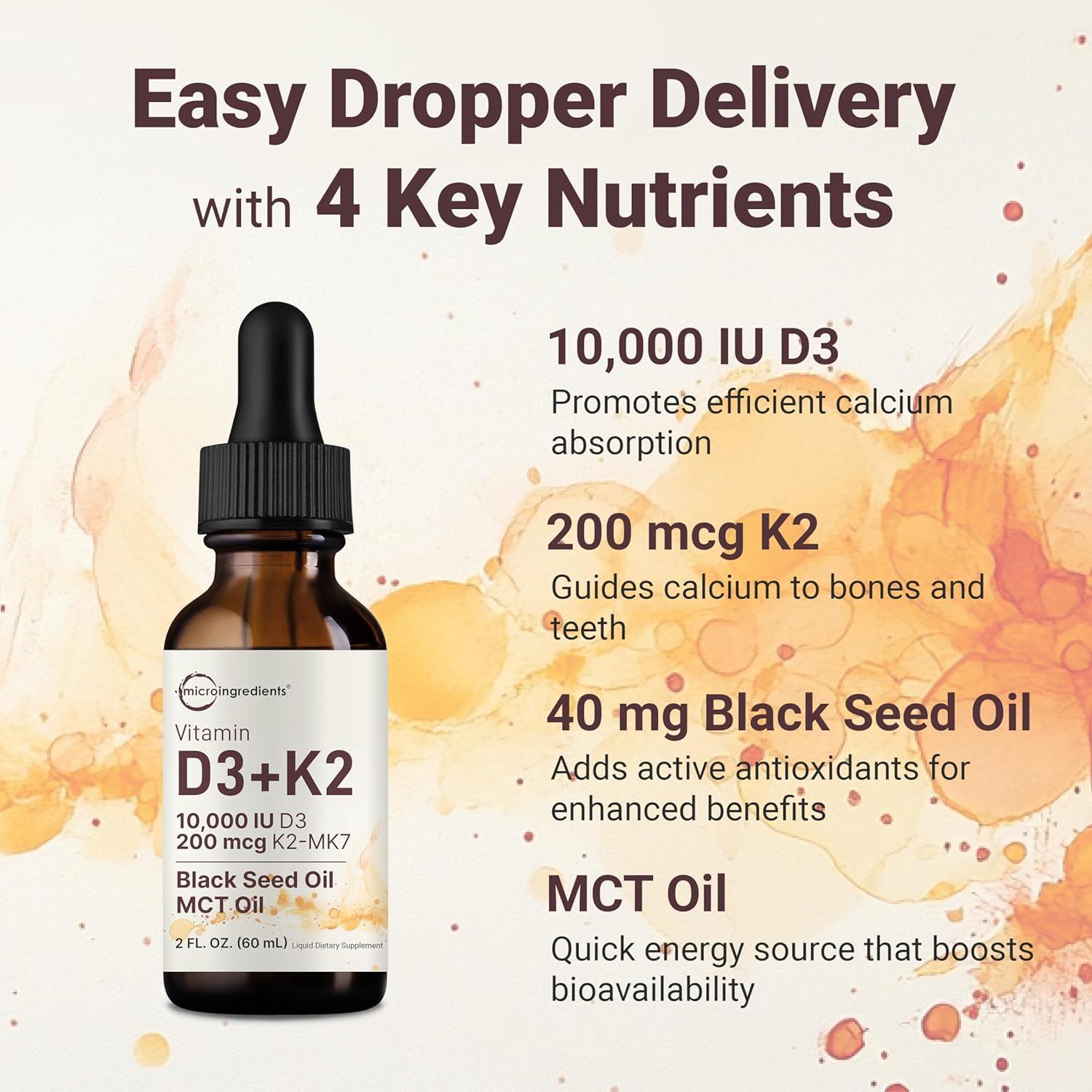 image:imageMicro Ingredients 2 Pack Vitamin D3 10000 iu K2 MK7 200 mcg Drops 4 fl oz Plus Black Seed amp MCT Oil 4in1 Bone Immune amp Heart Health Support Easy Absorption