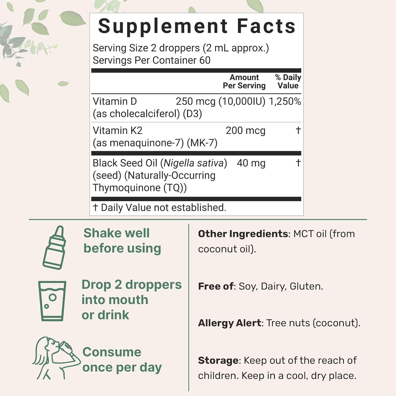 image:imageMicro Ingredients 2 Pack Vitamin D3 10000 iu K2 MK7 200 mcg Drops 4 fl oz Plus Black Seed amp MCT Oil 4in1 Bone Immune amp Heart Health Support Easy Absorption
