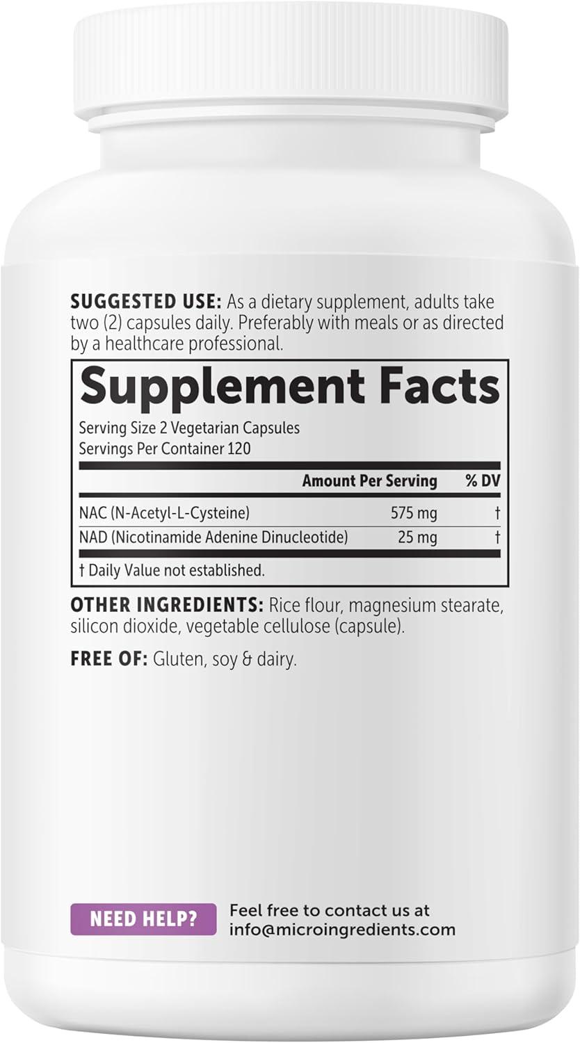 image:imageMicro Ingredients NAC with NAD 600 mg Per Serving 240 Vegetarian Capsules 2in1 NAcetylLCysteine with Nicotinamide Adenine Dinucleotide NonGMO Gluten Free