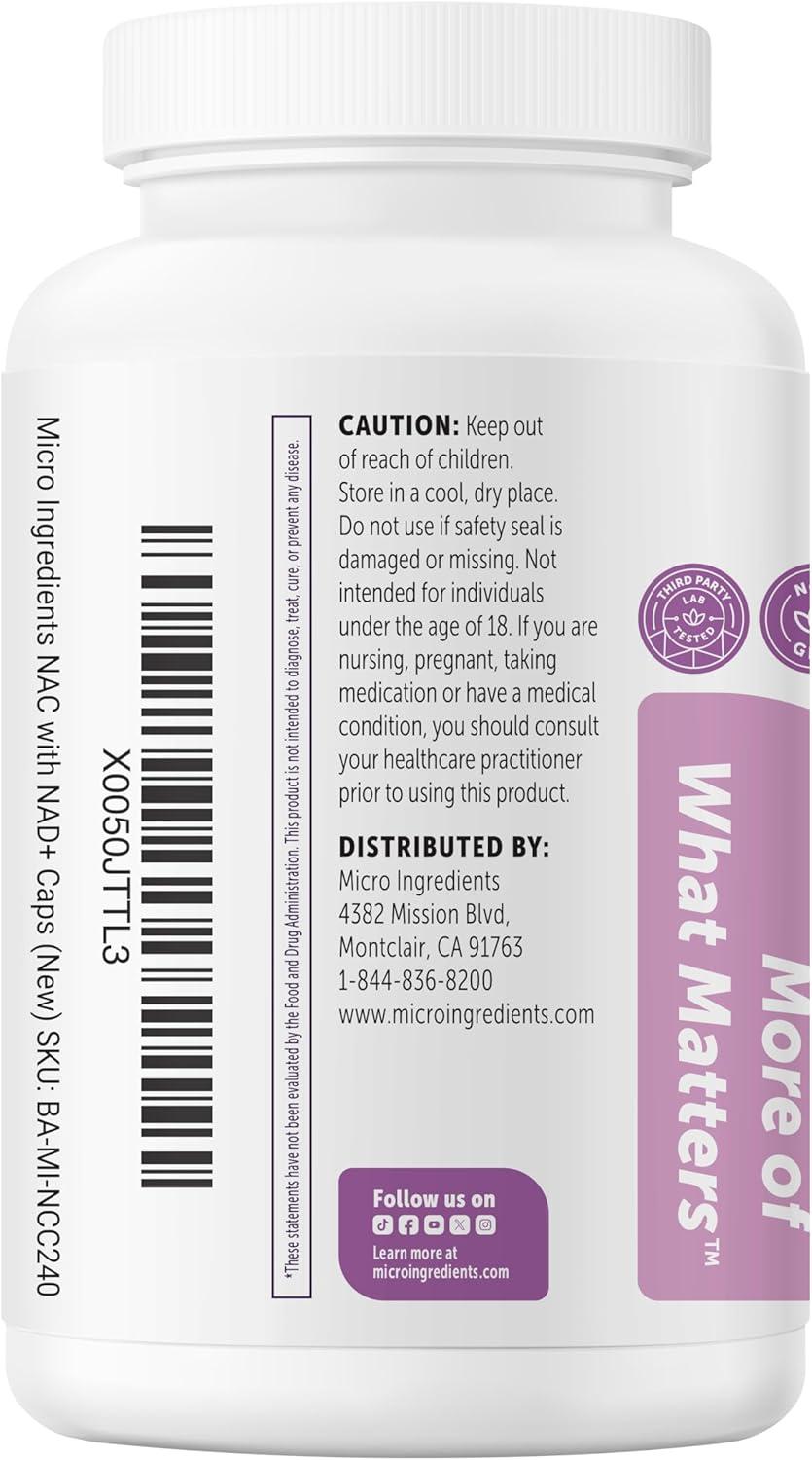 image:imageMicro Ingredients NAC with NAD 600 mg Per Serving 240 Vegetarian Capsules 2in1 NAcetylLCysteine with Nicotinamide Adenine Dinucleotide NonGMO Gluten Free