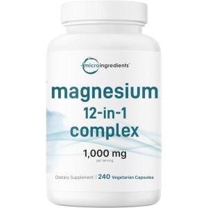 Micro Ingredients 12‑in‑1 Magnesium Complex 1000 mg, 240 Capsules – Magnesium Glycinate, Citrate, Taurate, Malate & More – High Absorption Formula for Men & Women – Chelated & Purified
