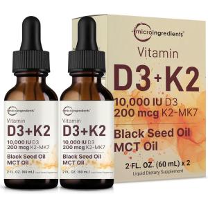 Micro Ingredients 2 Pack Vitamin D3 10000 iu + K2 (MK-7) 200 mcg Drops, 4 fl oz | Plus Black Seed & MCT Oil | 4-in-1 Bone, Immune, & Heart Health Support | Easy Absorption