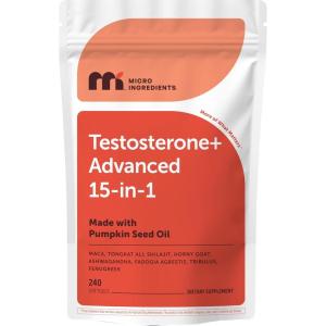 Micro Ingredients Testosterone+ Advanced for Men & Women, 240 Softgels | 15-in-1 Complex with Tongkat Ali, Horny Goat Weed, Shilajit, Maca & Saw Palmetto | Non-GMO