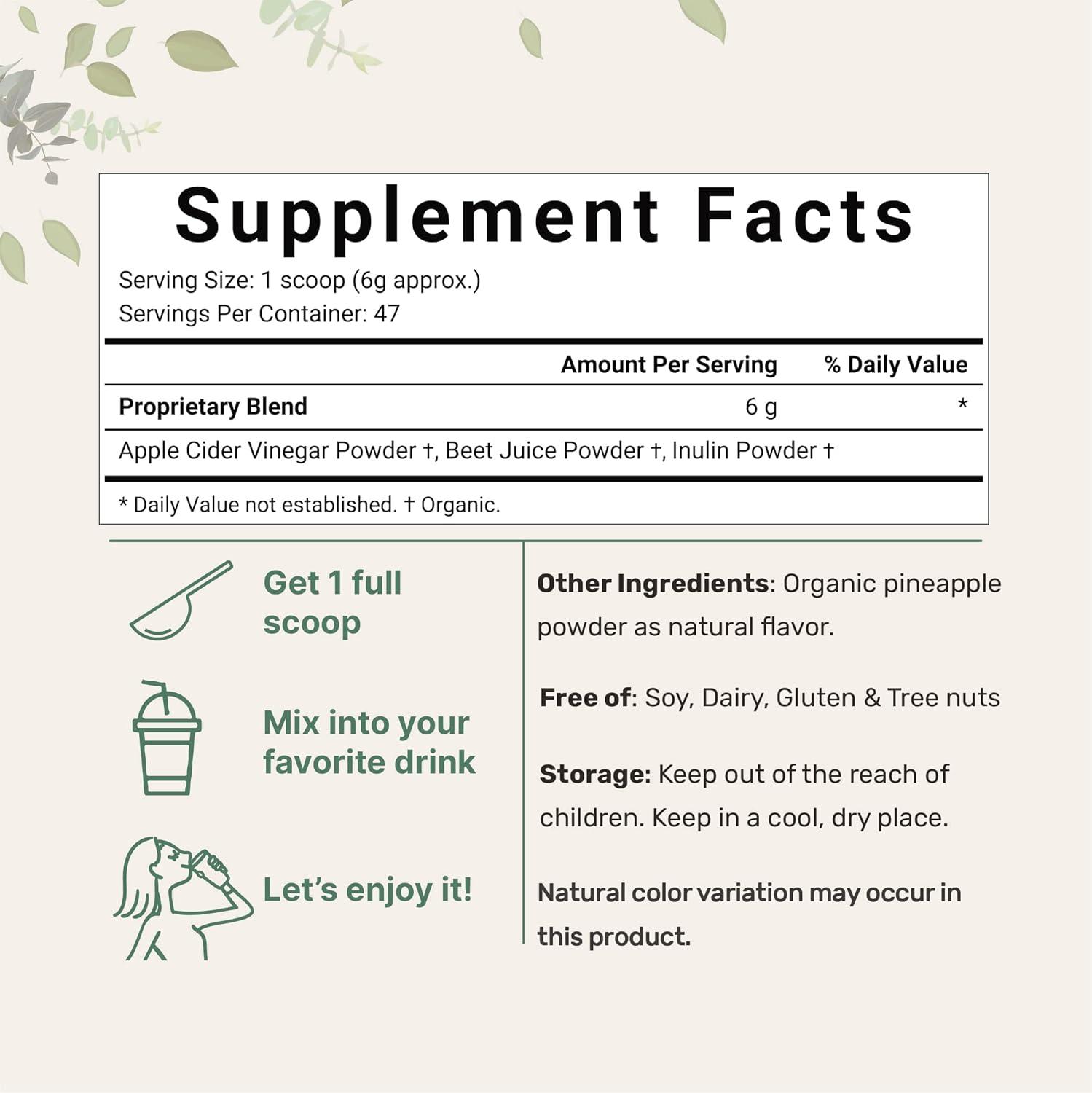 image:imageOrganic Apple Cider Vinegar Powder with the Mother Water Soluble 10 Ounce 6000mg Per Serving PlantBased Raw Unfiltered Unpasteurized Blend with Organic Beet Juice amp Inulin Vegan