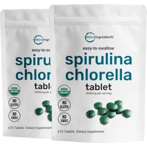 Micro Ingredients 2 Pack Organic Spirulina and Chlorella Supplement, 3000mg Per Serving, 1350 Mini Tablets Each, Rich in Chlorophyll and Antioxidant, No GMOs, Vegan Friendly, Product of Taiwan