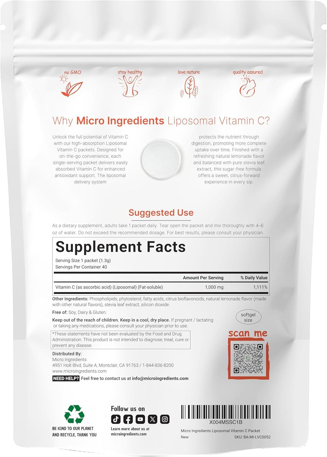 image:imageMicro Ingredients 1000mg Vitamin C Powder for Daily Use Liposomal FatSoluble Form for Better Absorption SugarFree Lemonade Drink Mix 40 Travel Packets FastDissolving