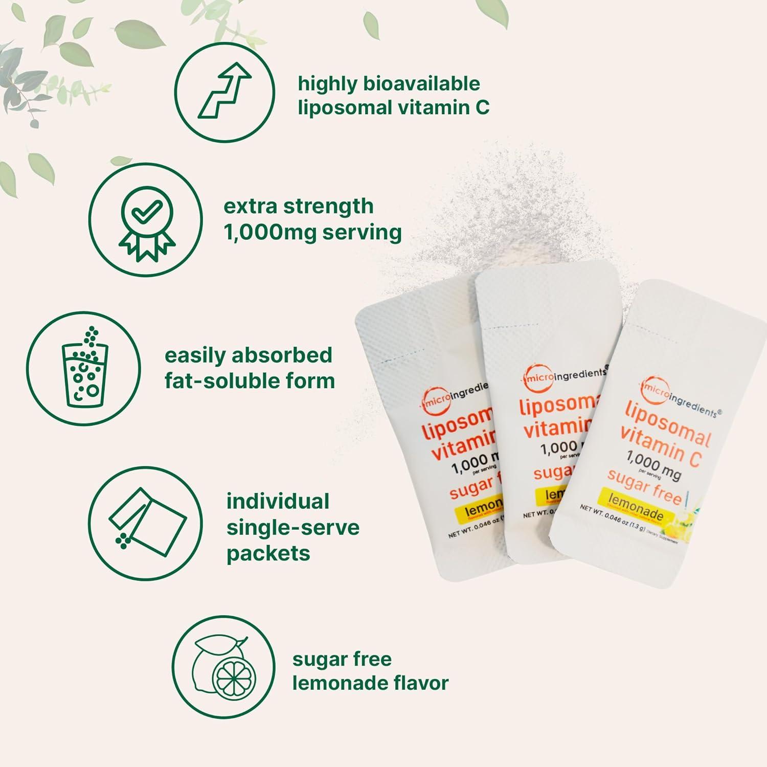 image:imageMicro Ingredients 1000mg Vitamin C Powder for Daily Use Liposomal FatSoluble Form for Better Absorption SugarFree Lemonade Drink Mix 40 Travel Packets FastDissolving