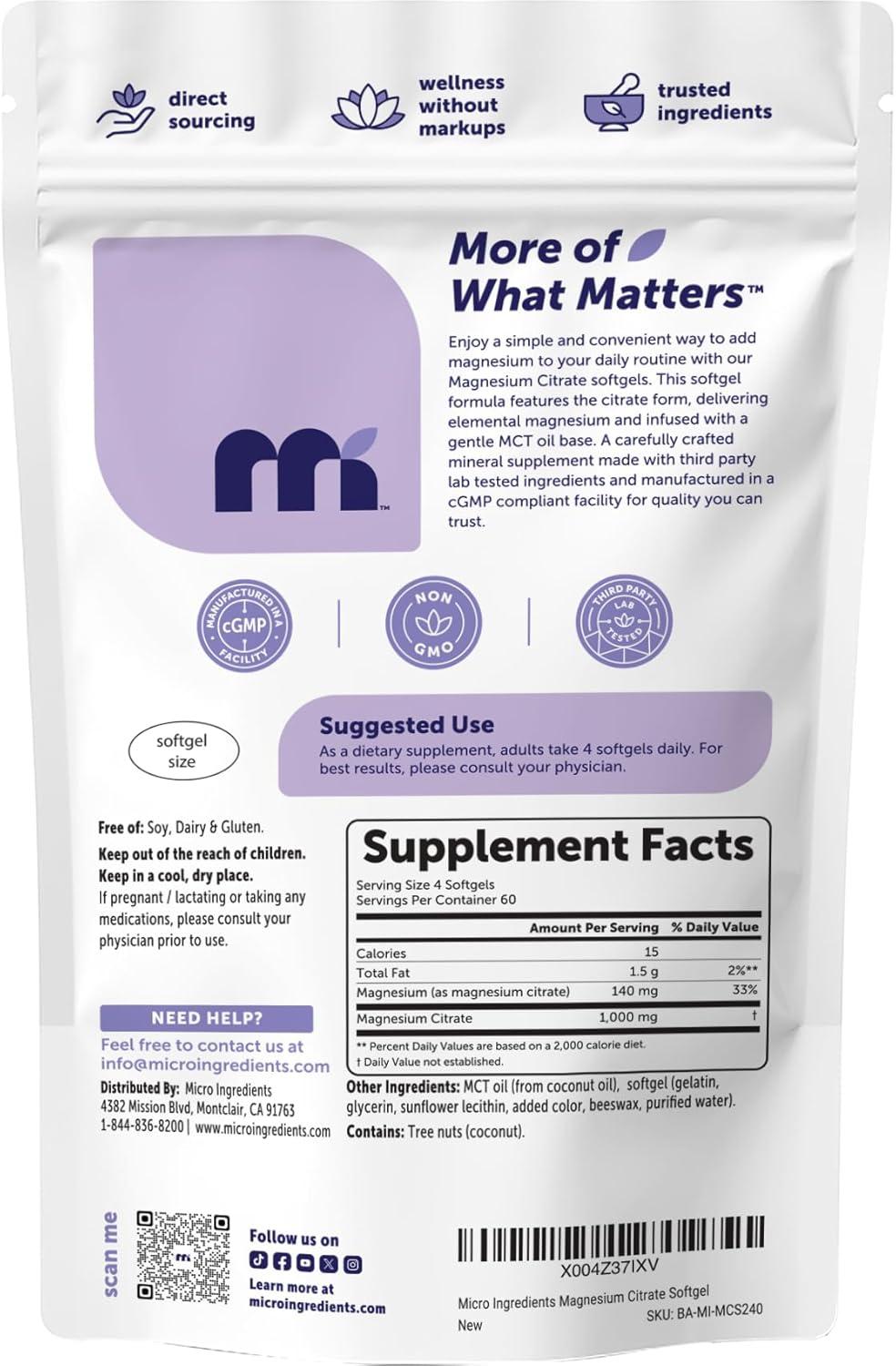 image:imageMicro Ingredients Magnesium Citrate 1000 mg Per Serving 240 Softgels Magnesium Supplements for Men and Women Made with MCT Oil NonGMO Gluten Free