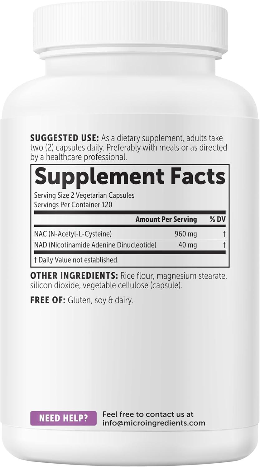 image:imageMicro Ingredients NAC with NAD 1000 mg Per Serving 240 Vegetarian Capsules 2in1 NAcetylLCysteine with Nicotinamide Adenine Dinucleotide NonGMO Gluten Free