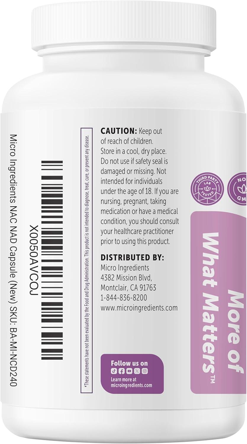 image:imageMicro Ingredients NAC with NAD 2000 mg Per Serving 240 Vegetarian Capsules 2in1 NAcetylLCysteine with Nicotinamide Adenine Dinucleotide NonGMO Gluten Free