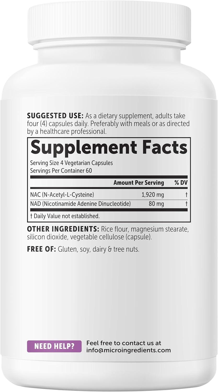 image:imageMicro Ingredients NAC with NAD 2000 mg Per Serving 240 Vegetarian Capsules 2in1 NAcetylLCysteine with Nicotinamide Adenine Dinucleotide NonGMO Gluten Free