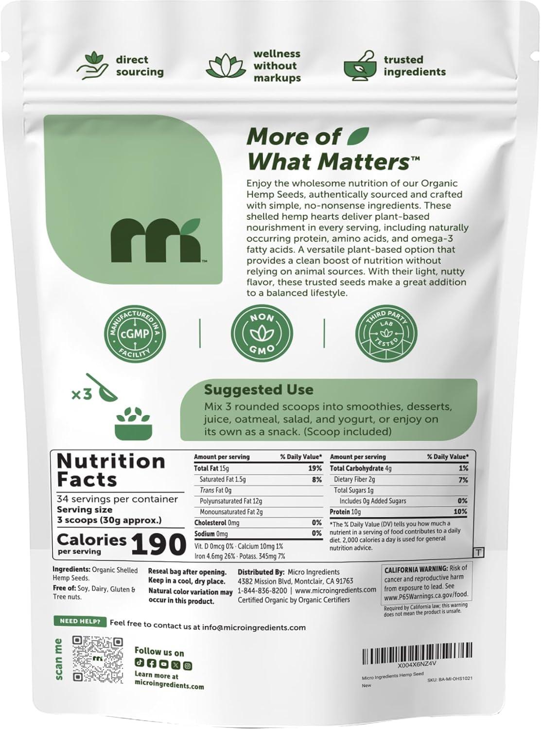 image:imageMicro Ingredients Organic Hemp Seeds 36 oz Shelled Hemp Hearts with 10g Plant Protein amp 12g Omega3 amp 6 Per Serving Natural Nutty Flavor for Smoothies Yogurt Salad amp Recipes NonGMO