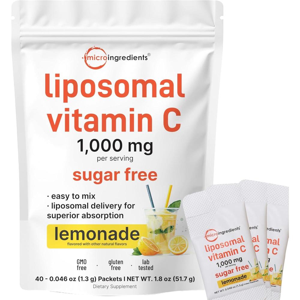 image:imageMicro Ingredients 1000mg Vitamin C Powder for Daily Use Liposomal FatSoluble Form for Better Absorption SugarFree Lemonade Drink Mix 40 Travel Packets FastDissolving