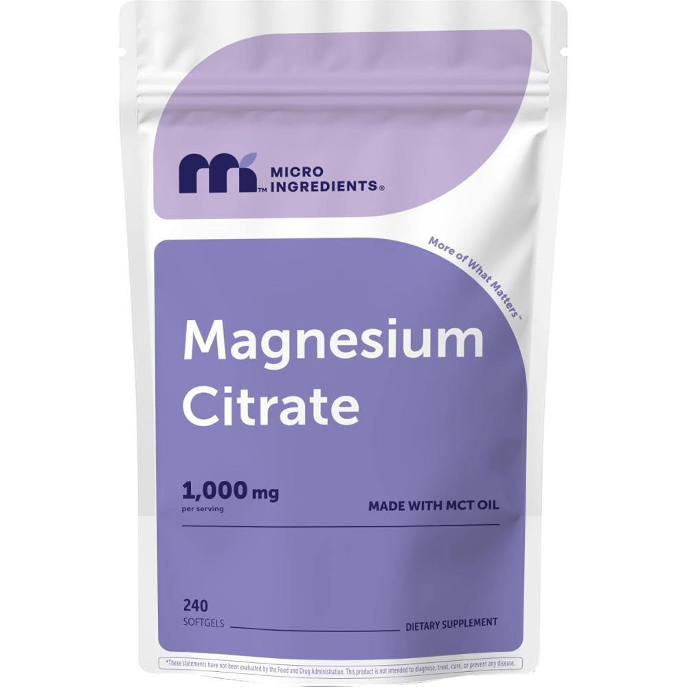 image:imageMicro Ingredients Magnesium Citrate 1000 mg Per Serving 240 Softgels  Magnesium Supplements for Men and Women  Made with MCT Oil  NonGMO Gluten Free