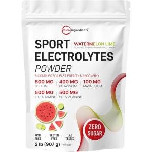 Electrolytes Powder, 2 lbs | 90 Servings | Sugar Free Workout Hydration | Potassium, Sodium, Magnesium, L-Glutamine, Beta-Alanine, & B Complex | Berry Punch Flavor | Non-GMO, Gluten Free(Watermelon Lime)