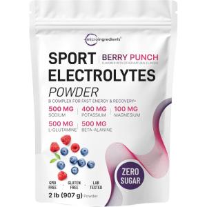 Electrolytes Powder, 2 lbs | 90 Servings | Sugar Free Workout Hydration | Potassium, Sodium, Magnesium, L-Glutamine, Beta-Alanine, & B Complex | Berry Punch Flavor | Non-GMO, Gluten Free(Berry Punch)