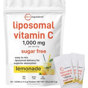 Micro Ingredients 1,000mg Vitamin C Powder for Daily Use | Liposomal Fat-Soluble Form for Better Absorption | Sugar-Free Lemonade Drink Mix | 40 Travel Packets, Fast-Dissolving