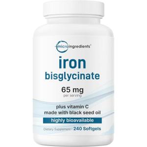 Micro Ingredients Iron Bisglycinate 65 mg Per Serving, 240 Softgels | Iron Supplement for Women & Men | Chelated Formula with Vitamin C & Black Seed Oil | Non-GMO, Gluten Free