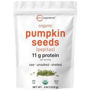 Organic Pumpkin Seeds, 4lbs | Raw, Unsalted, & Shelled – Whole Pepitas | Pumpkin Seeds to Eat | Great for Baking, Smoothies, & Salad Toppings | Natural Source of Essential Fatty Acids, Protein, & Iron